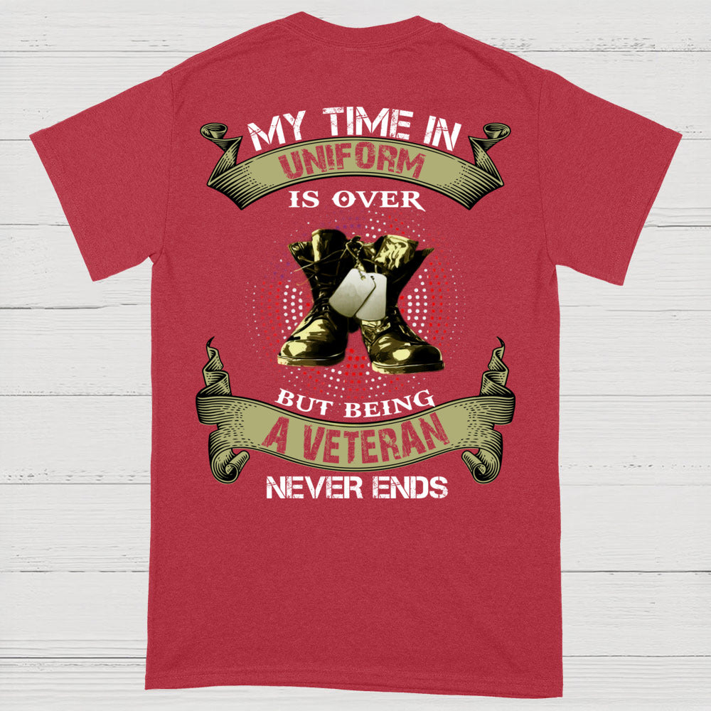 My Time In Uniform Is Over But Being A Veteran Never Ends T-Shirt (on Back)