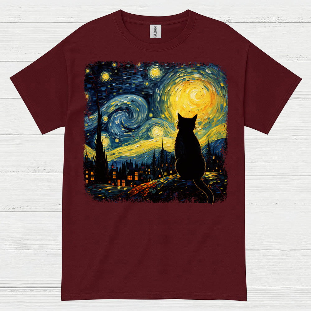 Lonely Cat Starry Night Art T Shirt