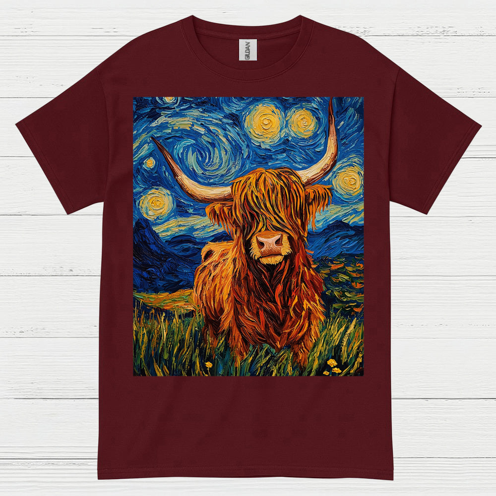 Highland Cow Starry Night Art T Shirt