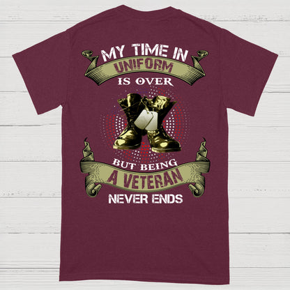 My Time In Uniform Is Over But Being A Veteran Never Ends T-Shirt (on Back)