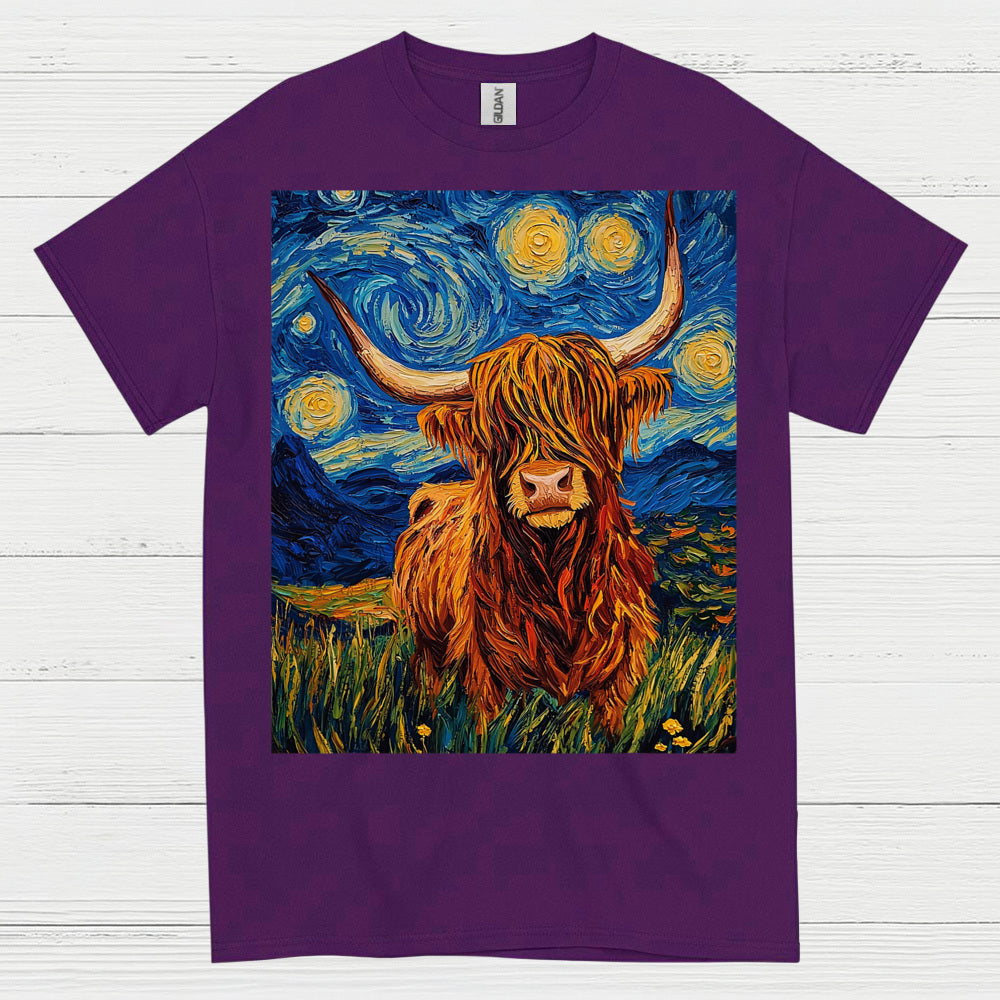 Highland Cow Starry Night Art T Shirt