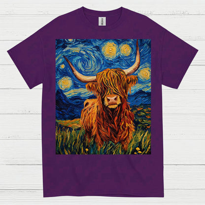 Highland Cow Starry Night Art T Shirt