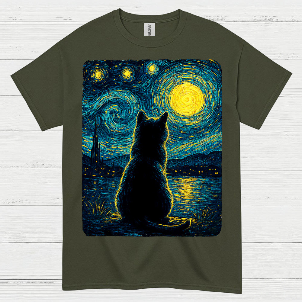 Silent Cat Starry Night Art T Shirt