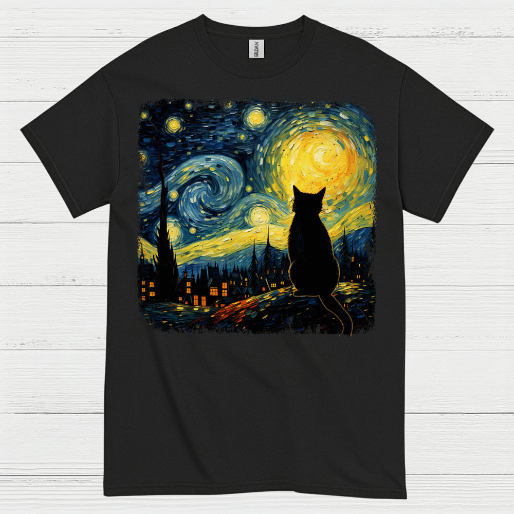 Lonely Cat Starry Night Art T Shirt