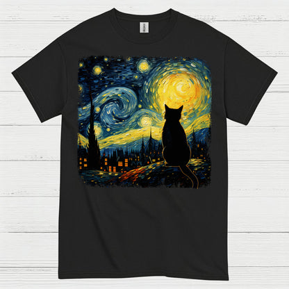 Lonely Cat Starry Night Art T Shirt