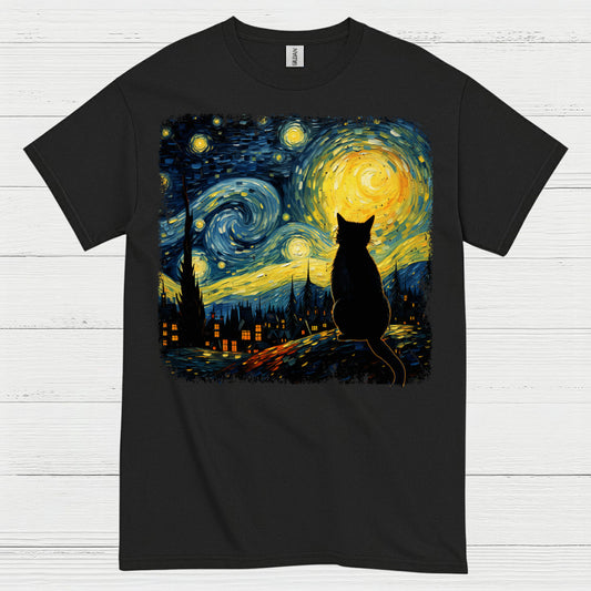 Lonely Cat Starry Night Art T Shirt