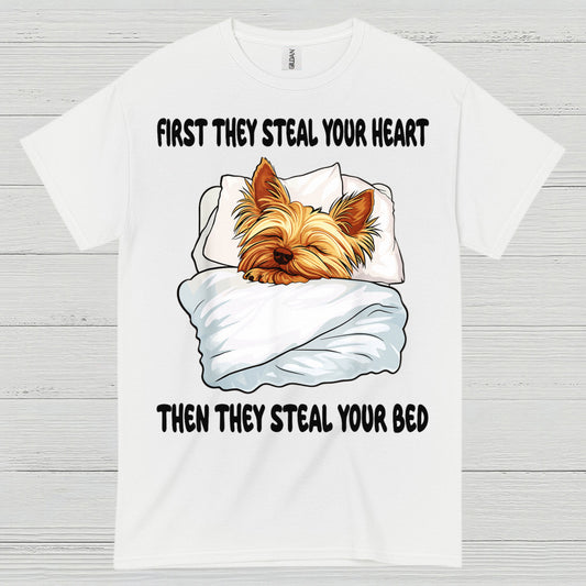 Funny Yorkie Steal Your Bed Dog Lover T Shirt