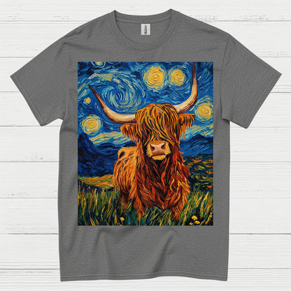 Highland Cow Starry Night Art T Shirt