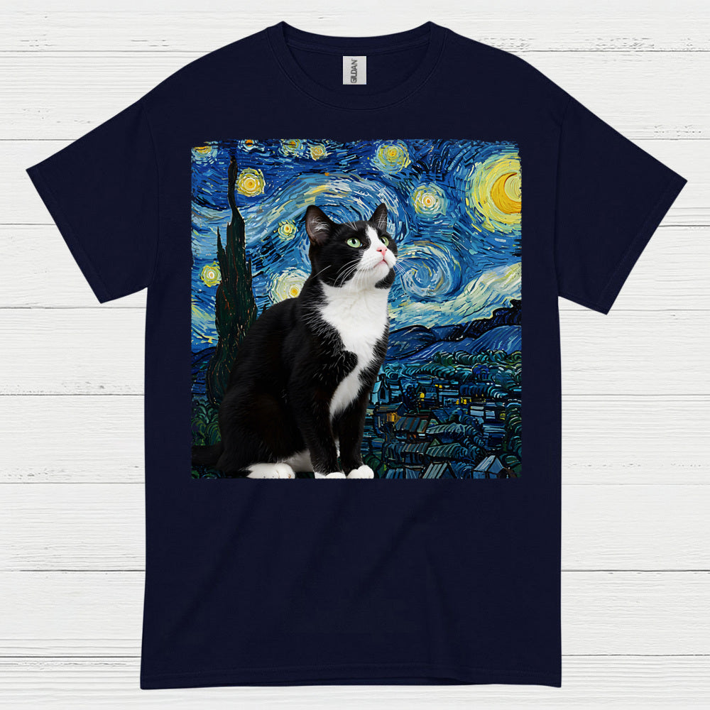 Curious Tuxedo Cat Starry Night Art T Shirt