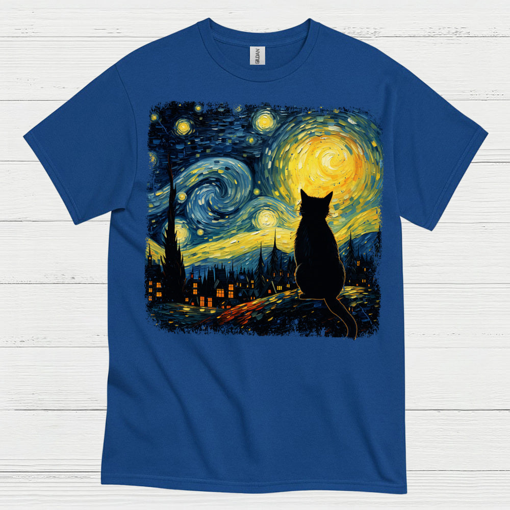 Lonely Cat Starry Night Art T Shirt