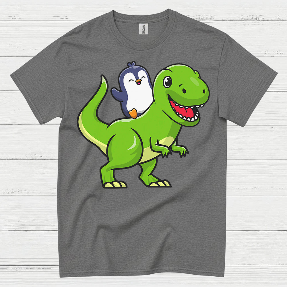 Cute Penguin Riding Dinosaur Funny Graphic T Shirt