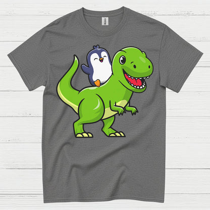 Cute Penguin Riding Dinosaur Funny Graphic T Shirt