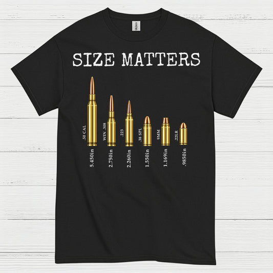 Size Matters Funny Ammo Comparison Graphic T Shirt