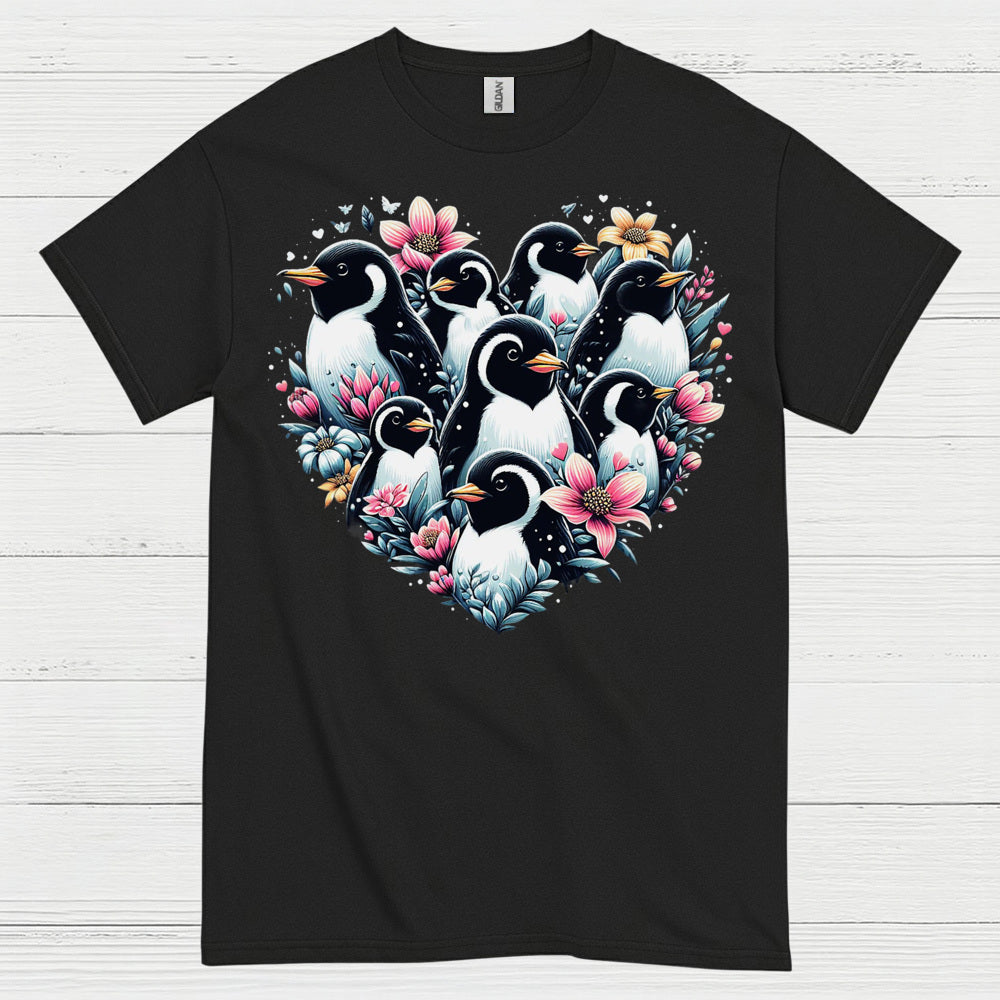 Floral Penguin Family Heart Art Graphic T Shirt