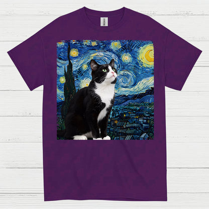 Curious Tuxedo Cat Starry Night Art T Shirt
