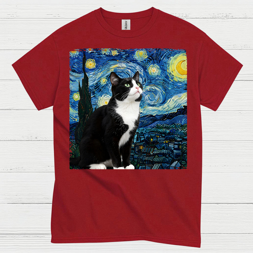 Curious Tuxedo Cat Starry Night Art T Shirt