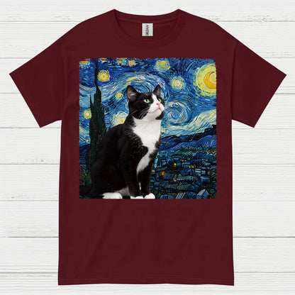 Curious Tuxedo Cat Starry Night Art T Shirt