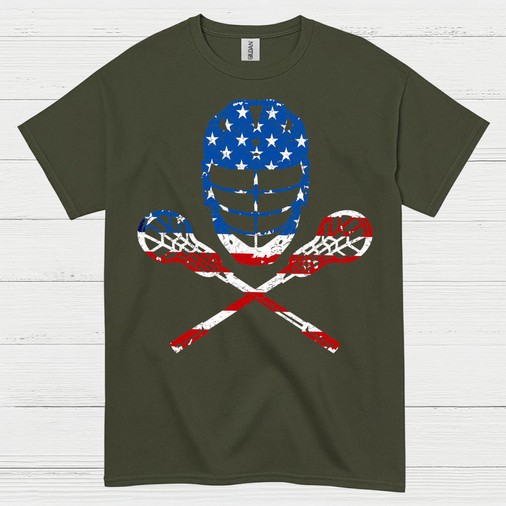 American Flag Lacrosse Goalie Skull T Shirt