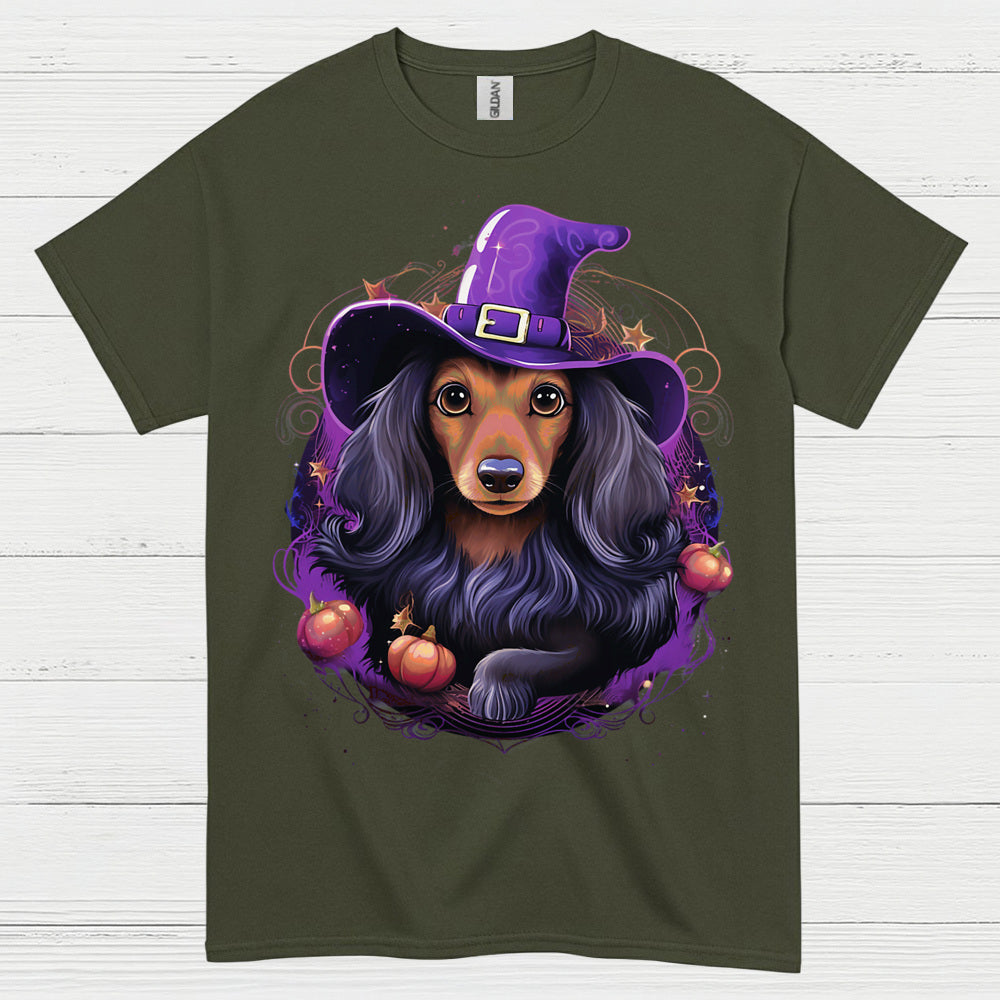 Halloween Witch Long Haired Dachshund T Shirt