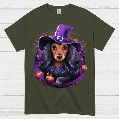 Halloween Witch Long Haired Dachshund T Shirt