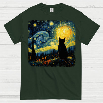 Lonely Cat Starry Night Art T Shirt