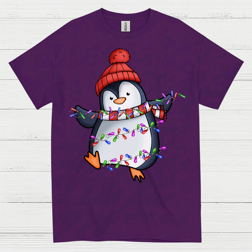 Cute Christmas Penguin Wrapped In Lights T Shirt
