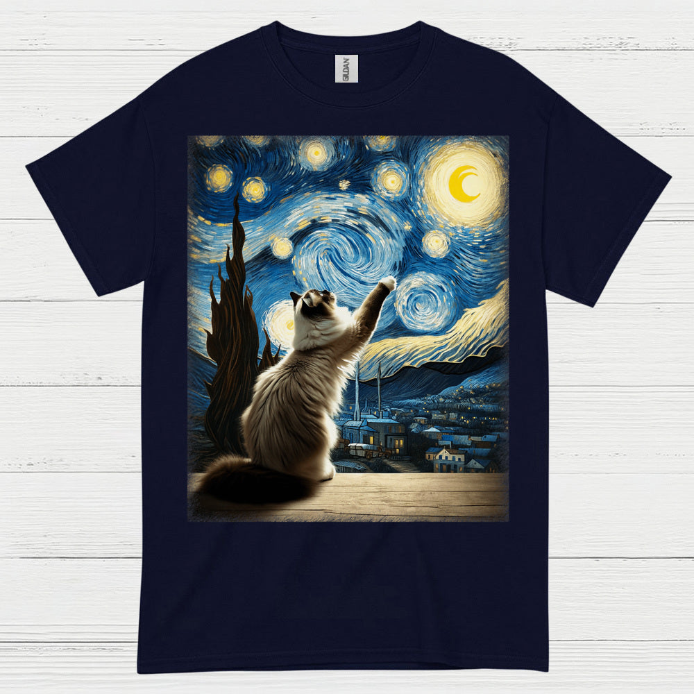 Curious Cat Starry Night Art T Shirt