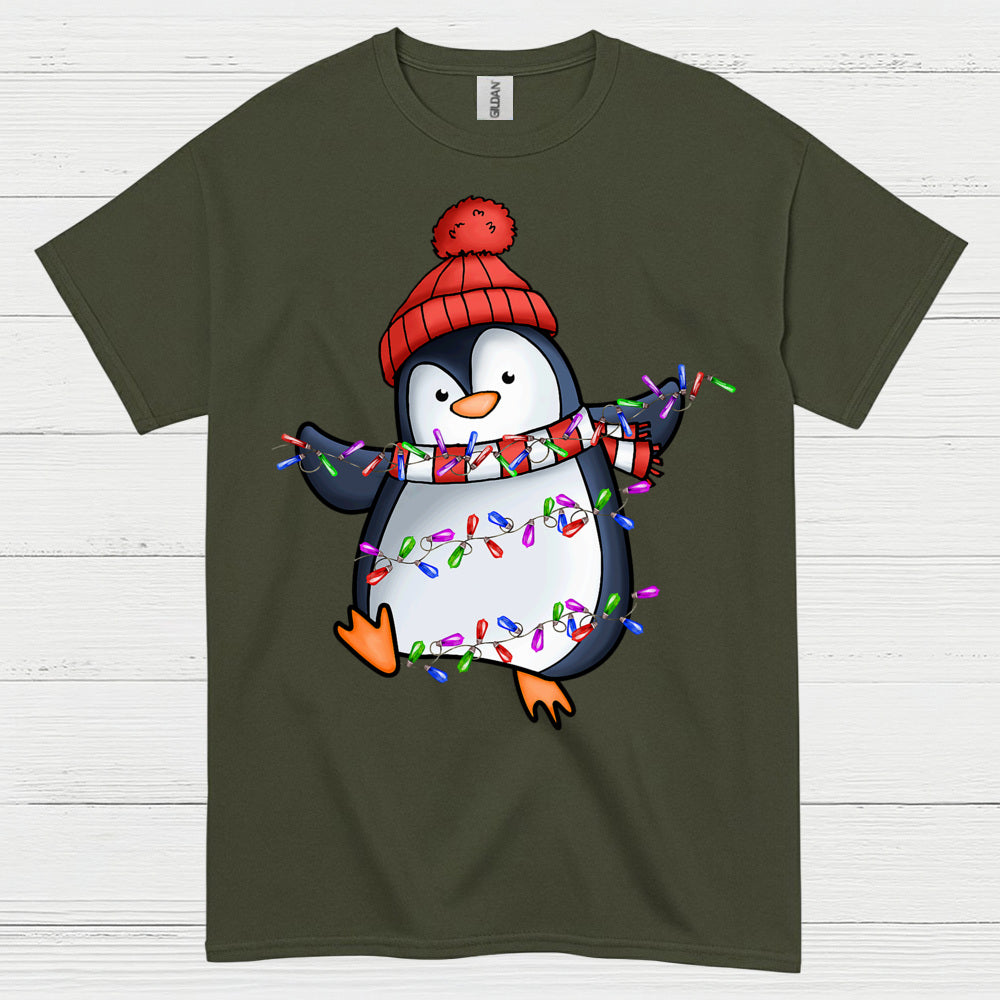 Cute Christmas Penguin Wrapped In Lights T Shirt