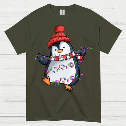 Cute Christmas Penguin Wrapped In Lights T Shirt