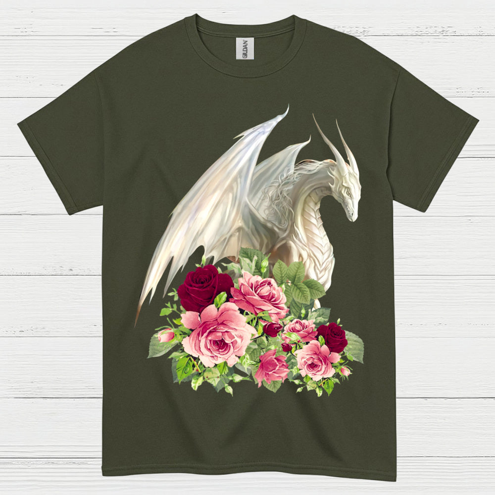 White Dragon With Roses T Shirt