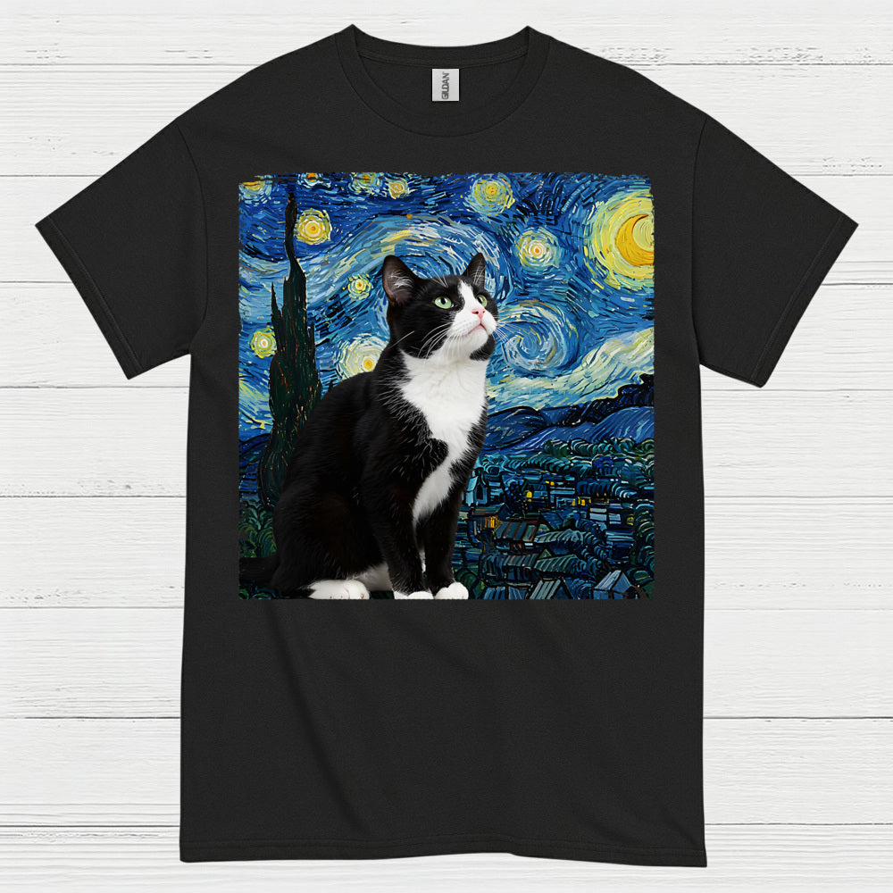 Curious Tuxedo Cat Starry Night Art T Shirt