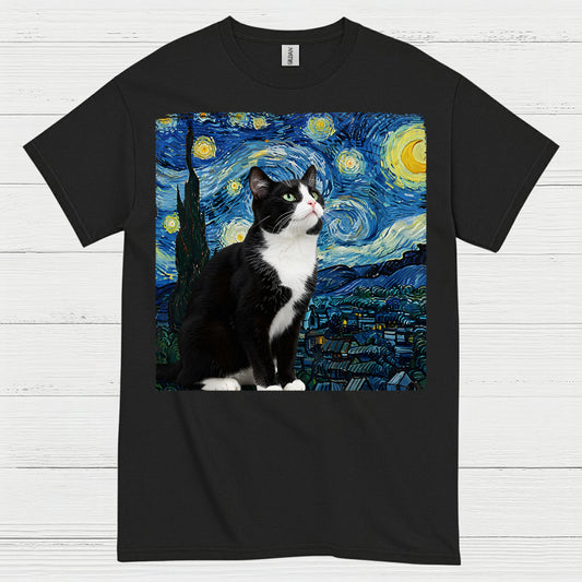 Curious Tuxedo Cat Starry Night Art T Shirt