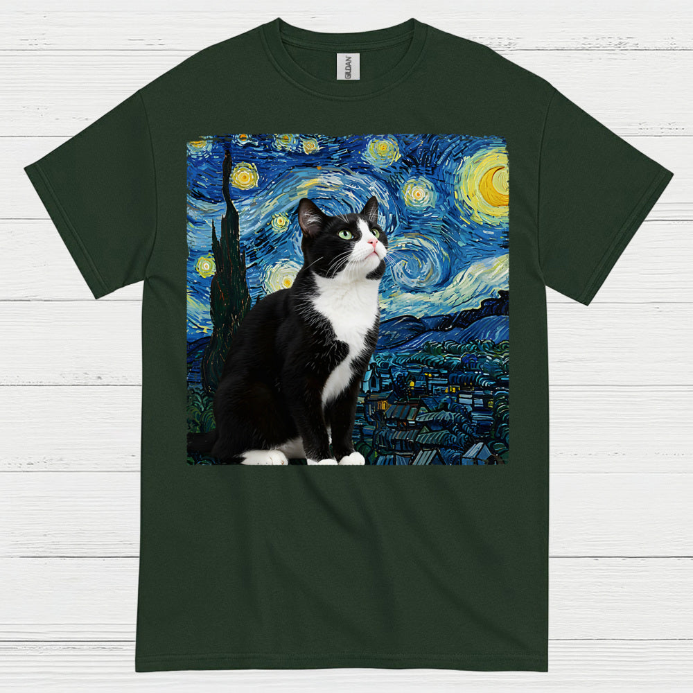 Curious Tuxedo Cat Starry Night Art T Shirt