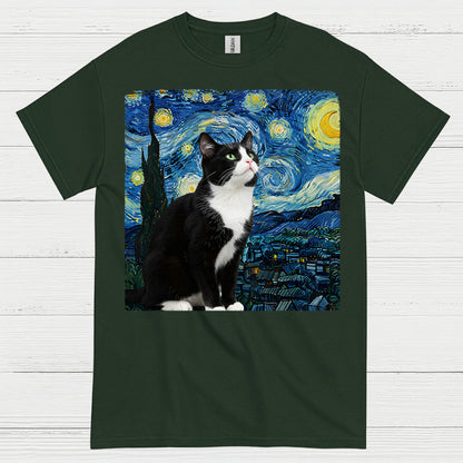 Curious Tuxedo Cat Starry Night Art T Shirt