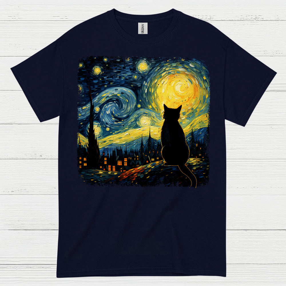 Lonely Cat Starry Night Art T Shirt