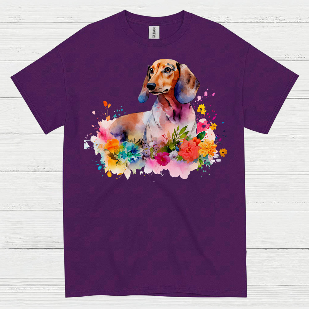 Colorful Watercolor Floral Dachshund Dog T Shirt