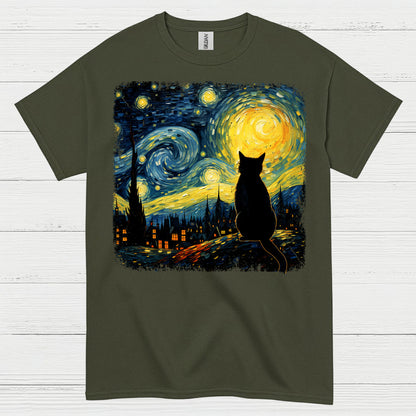 Lonely Cat Starry Night Art T Shirt