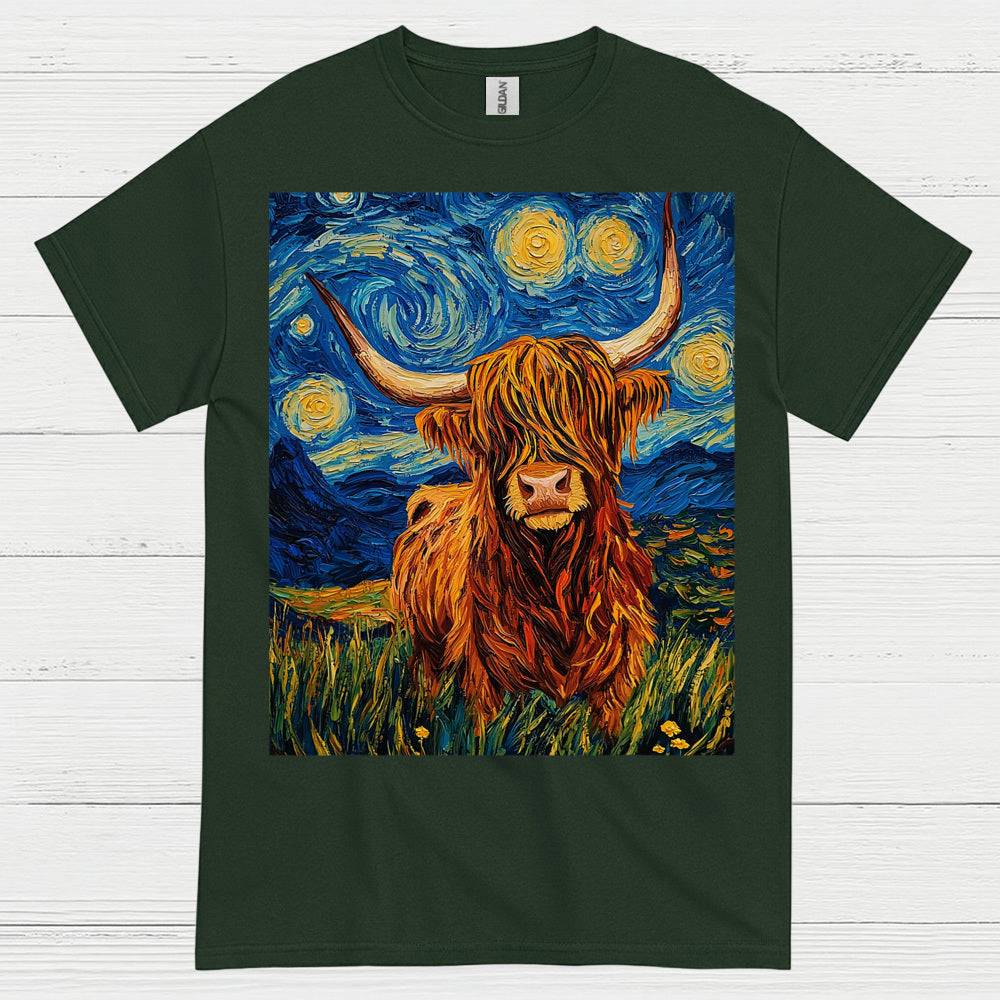 Highland Cow Starry Night Art T Shirt