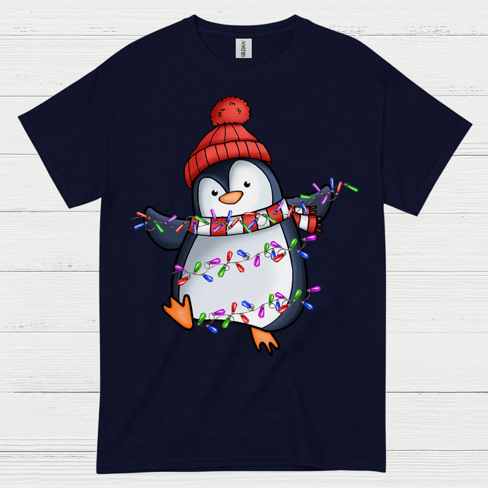 Cute Christmas Penguin Wrapped In Lights T Shirt