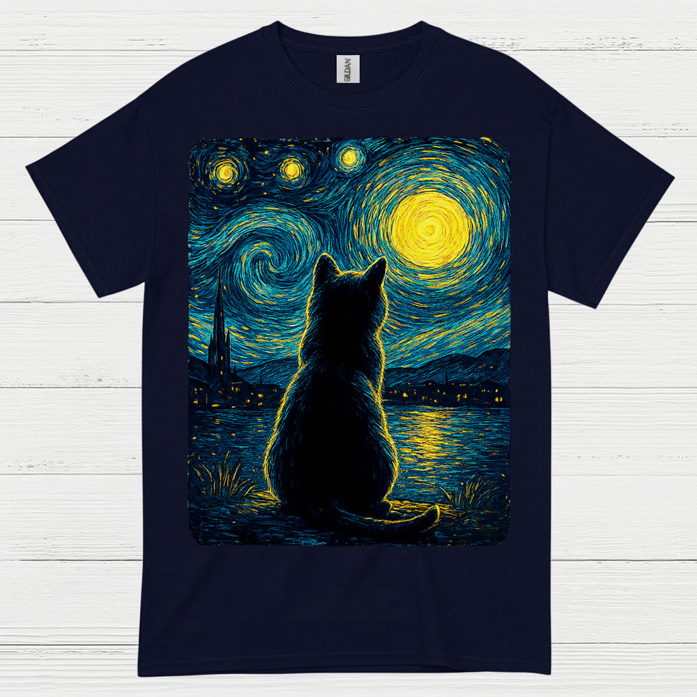 Silent Cat Starry Night Art T Shirt