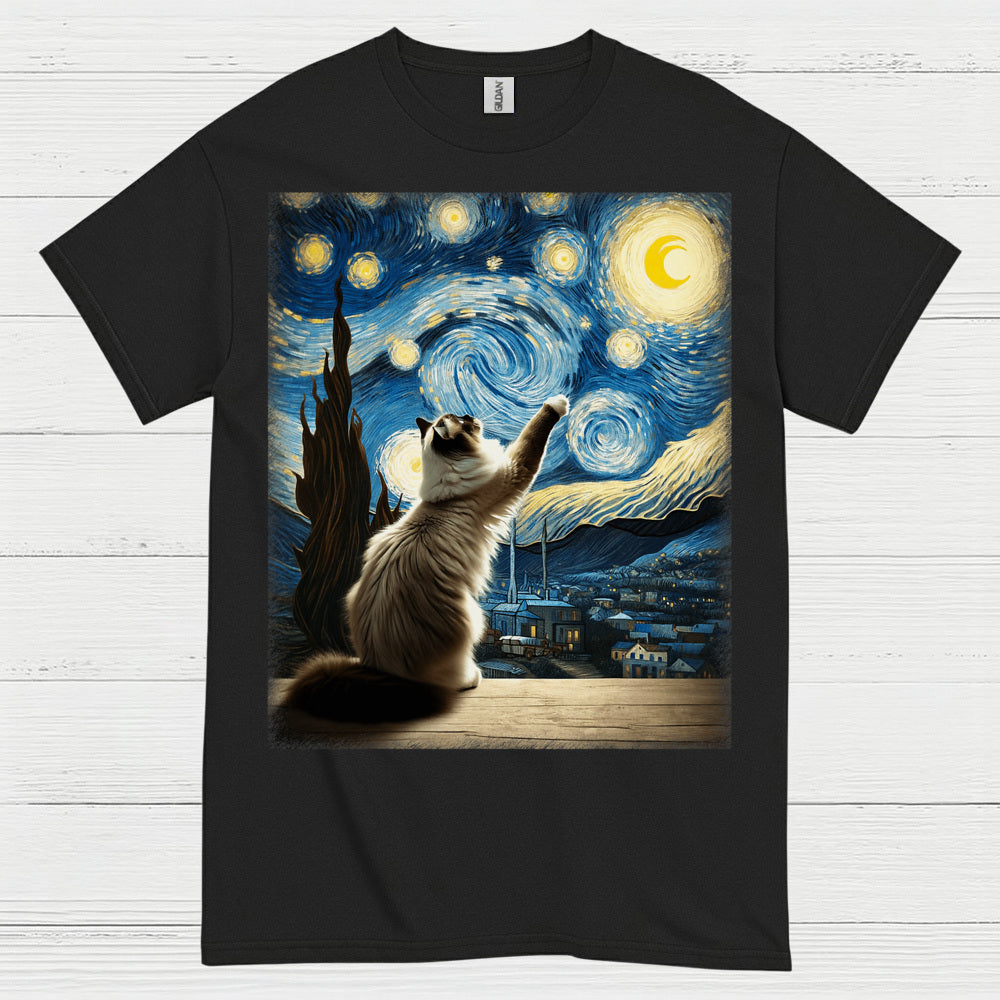 Curious Cat Starry Night Art T Shirt