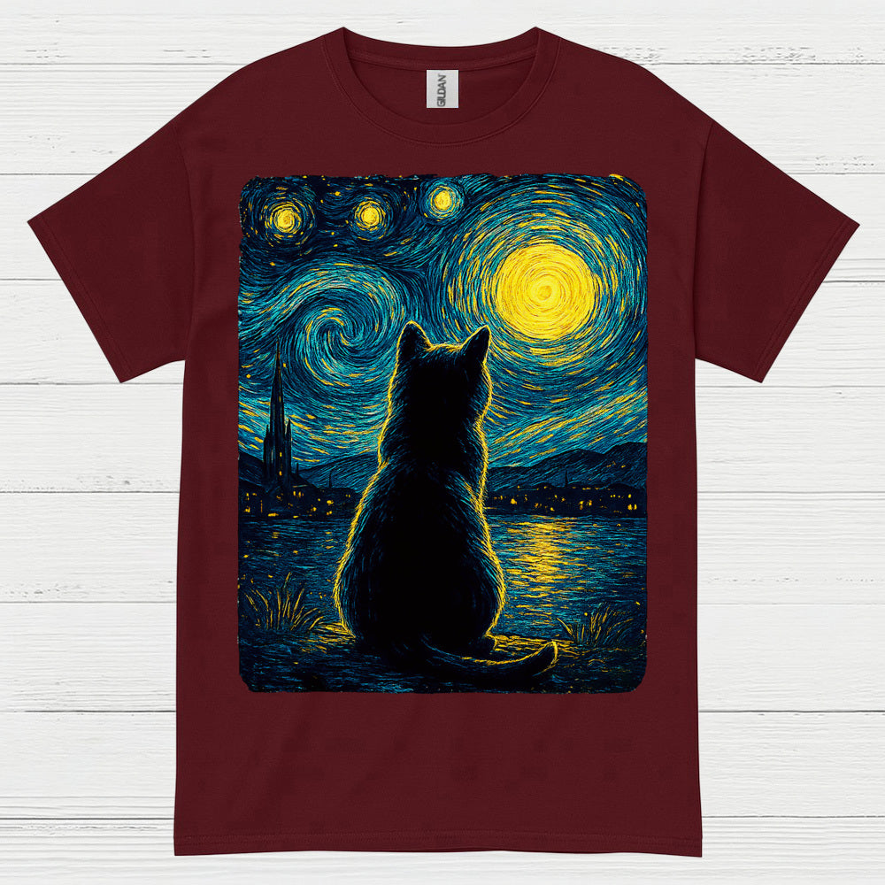 Silent Cat Starry Night Art T Shirt