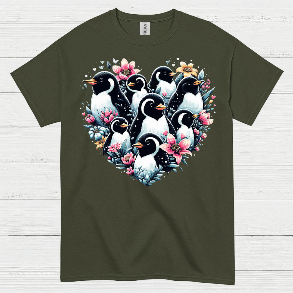 Floral Penguin Family Heart Art Graphic T Shirt