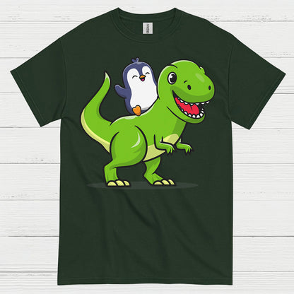 Cute Penguin Riding Dinosaur Funny Graphic T Shirt