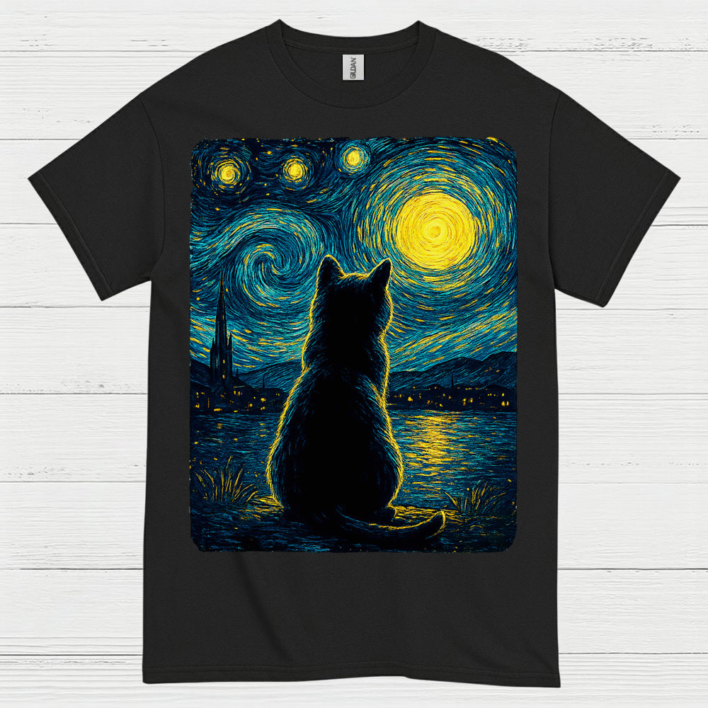 Silent Cat Starry Night Art T Shirt