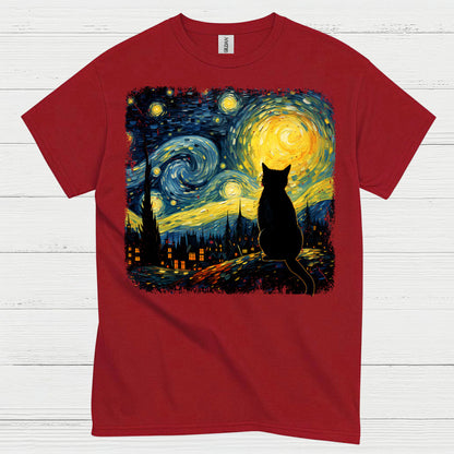Lonely Cat Starry Night Art T Shirt