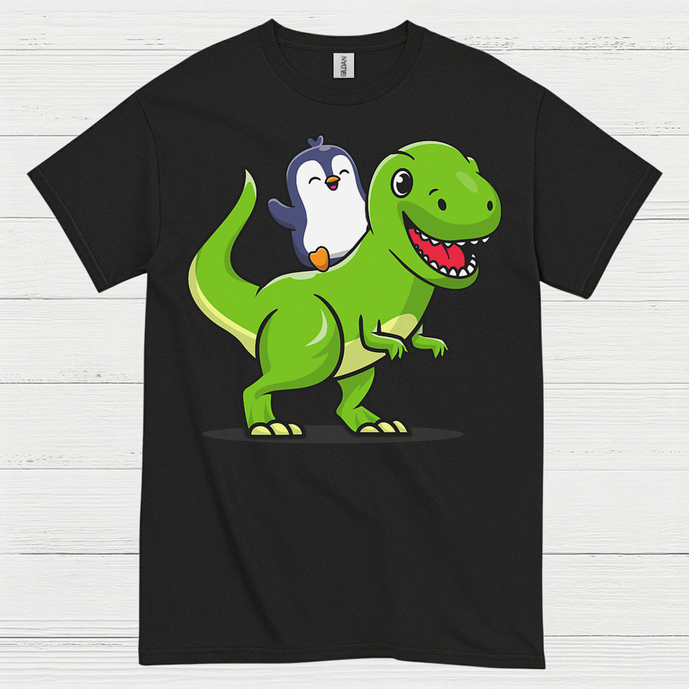 Cute Penguin Riding Dinosaur Funny Graphic T Shirt