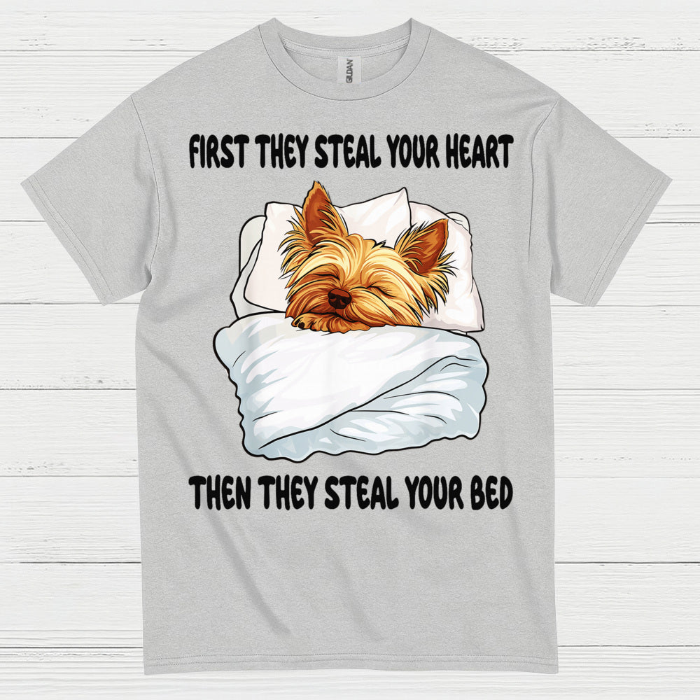 Funny Yorkie Steal Your Bed Dog Lover T Shirt