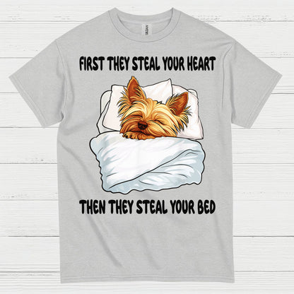 Funny Yorkie Steal Your Bed Dog Lover T Shirt