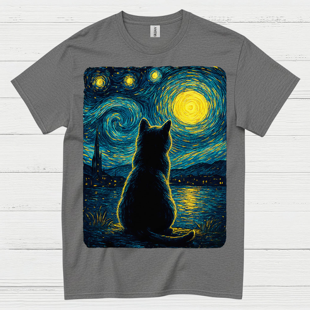 Silent Cat Starry Night Art T Shirt